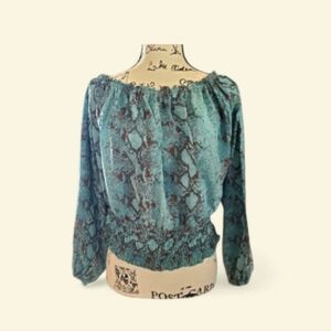 Transttions Teal Snake-Print Off-Shoulder Blouse Size Small
